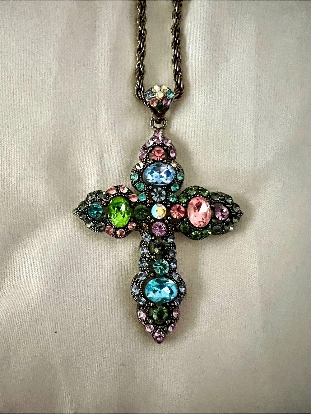 VCLM Vintage Bronze Tone Rhinestone Cross Necklace Multicolor Cross Pendant